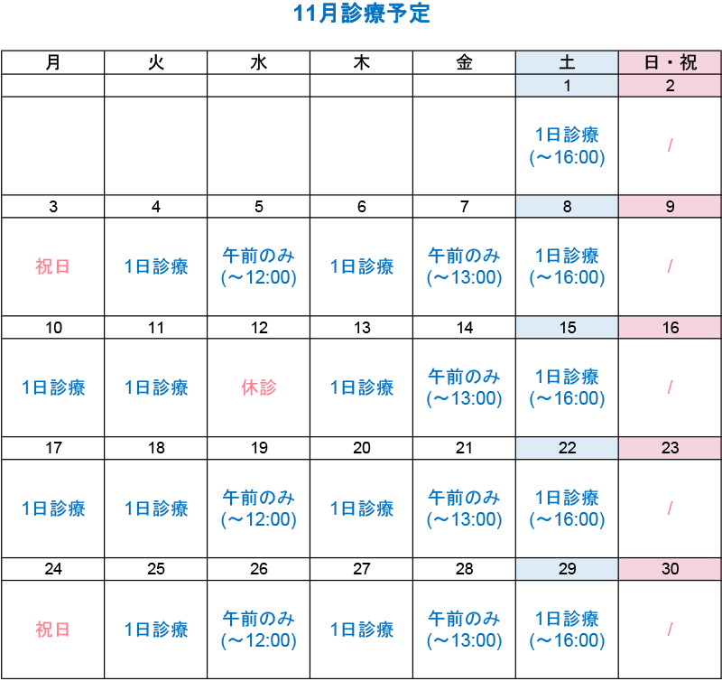 11月診療カレンダー